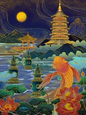 梦幻月夜下的中式奇幻景观