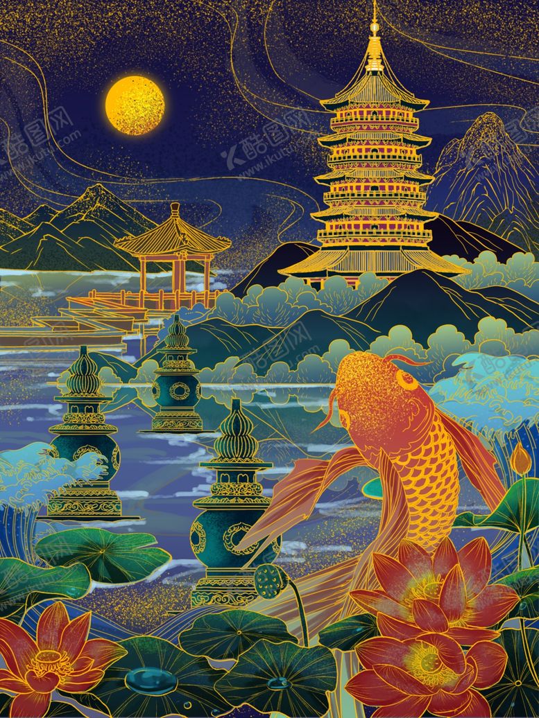 编号：47473204010832063302【酷图网】源文件下载-梦幻月夜下的中式奇幻景观