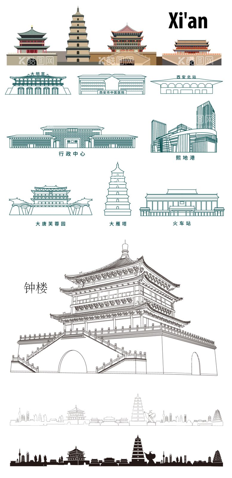 编号：22191512101601407992【酷图网】源文件下载-西安建筑元素矢量线稿