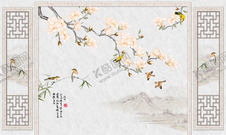 编号：76678306291014424405【酷图网】源文件下载-花鸟镂空边框电视背景墙