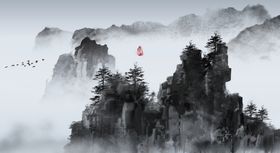 中国风山水背景墨流生财大气