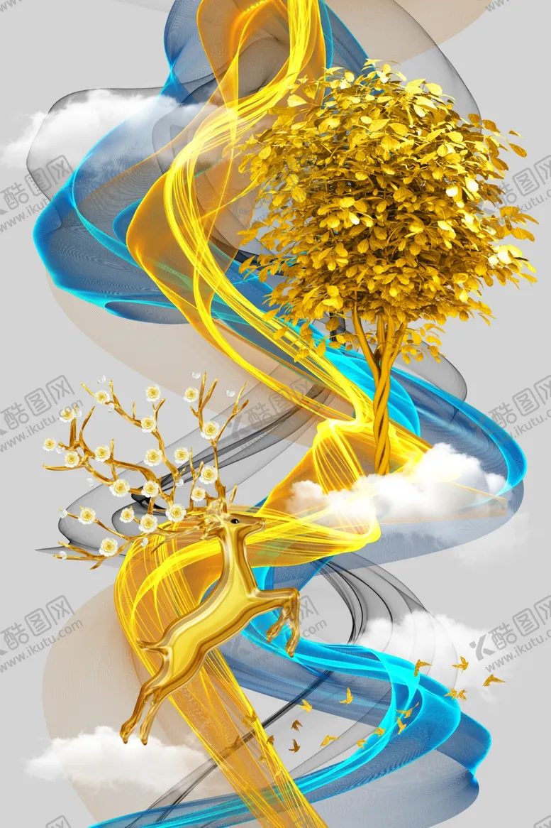 编号：65987806281751254521【酷图网】源文件下载-金色抽象线条麋鹿装饰画背景墙