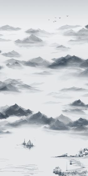 水墨山水小船玄关图