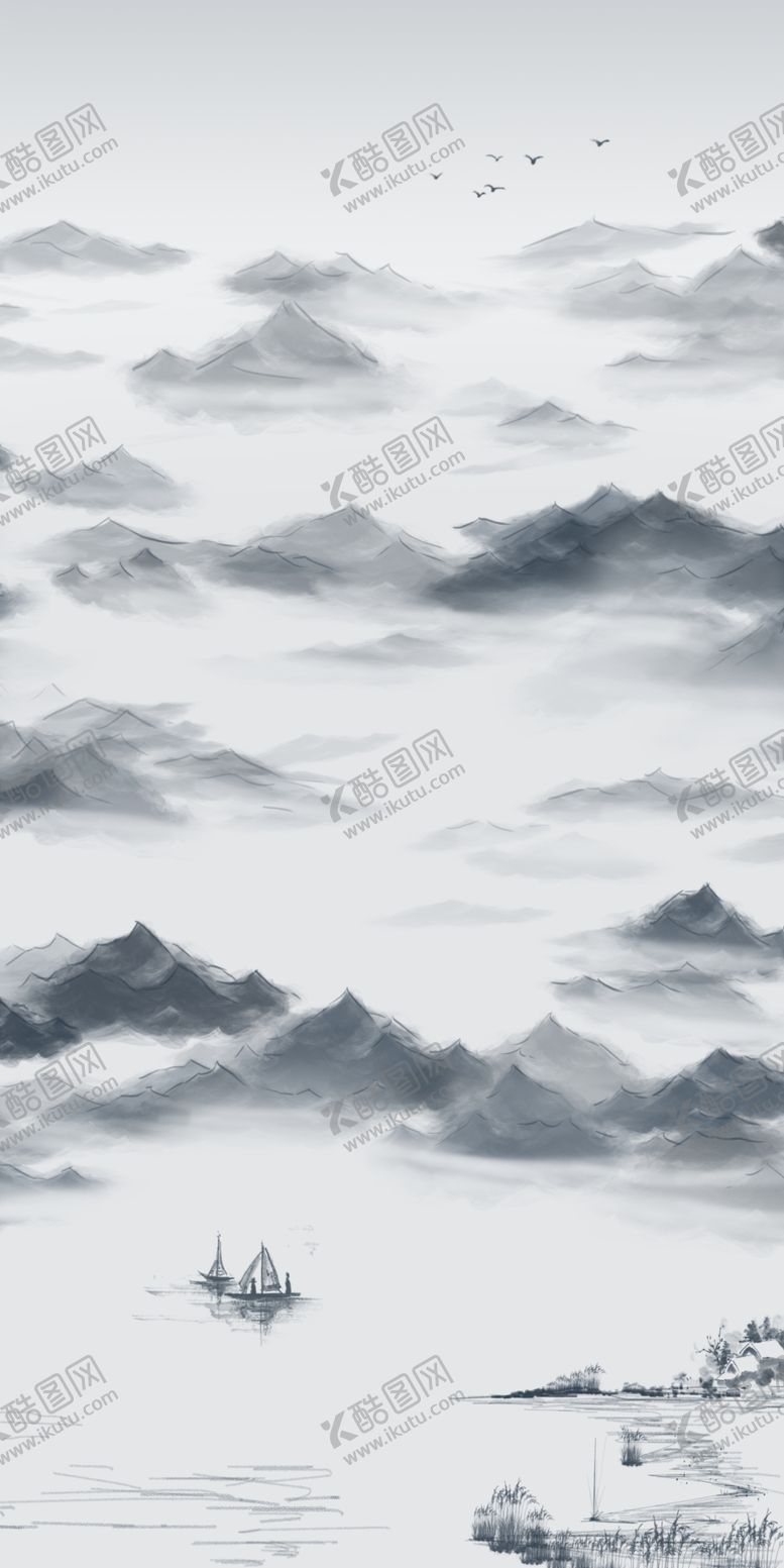 编号：87062107041639528142【酷图网】源文件下载-水墨山水小船玄关图