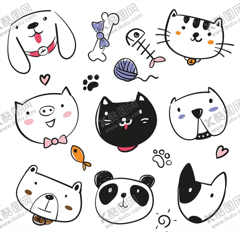 编号：19575109232227106904【酷图网】源文件下载-手绘可爱动物头像矢量素材