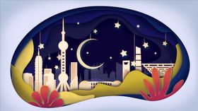 城市立体建筑插画夜景背景素材