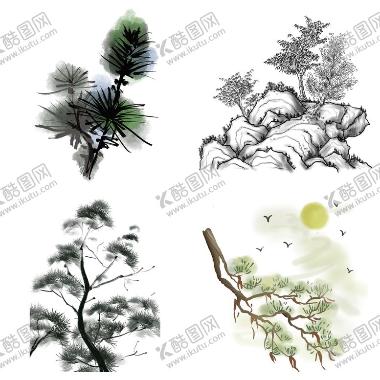 编号：81253609261200457593【酷图网】源文件下载-水墨松树松枝迎客松水墨画