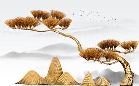 山水金色古风地产墙画背景素材