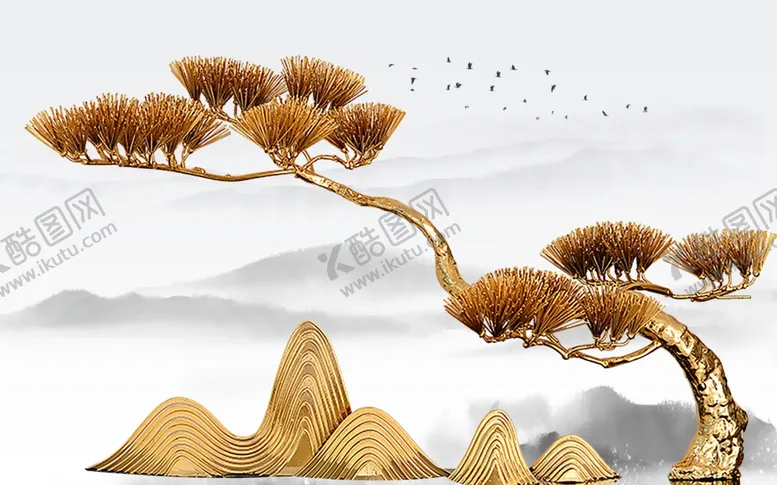 编号：52584806291220379579【酷图网】源文件下载-山水金色古风地产墙画背景素材