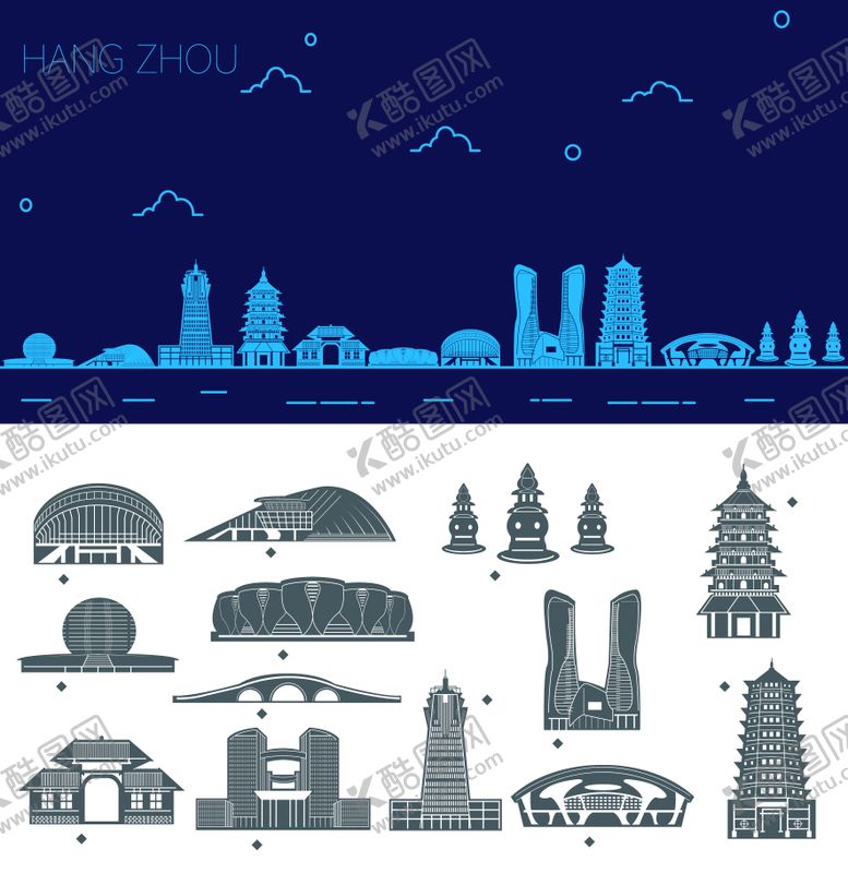 编号：41595305020050012192【酷图网】源文件下载-杭州建筑地标系列线稿