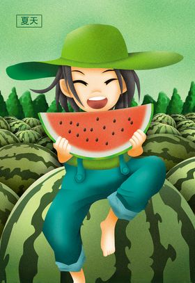 夏至吃西瓜的女孩