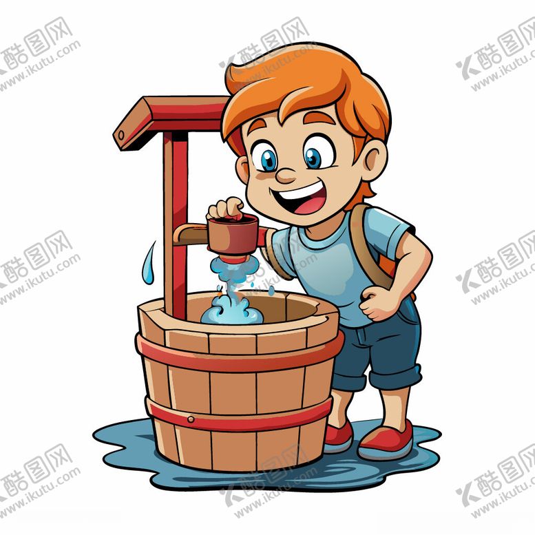 编号：73410210011019307932【酷图网】源文件下载-男孩开心地从井中打水