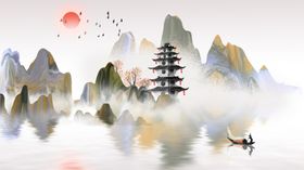 山水地产传统国风插画卡通背景