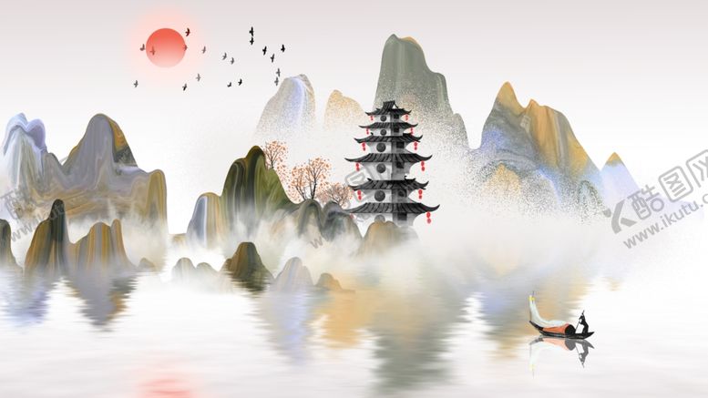 编号：68953110230659575526【酷图网】源文件下载-山水地产传统国风插画卡通背景