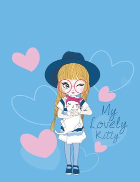 时尚女孩抱猫心形蓝色帽子