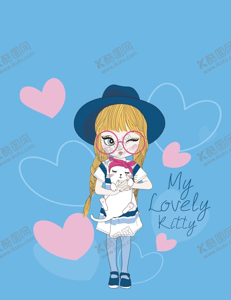 编号：57596010061524114309【酷图网】源文件下载-时尚女孩抱猫心形蓝色帽子