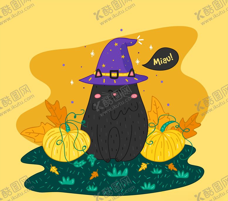 编号：30545809190723589780【酷图网】源文件下载-彩绘万圣节南瓜地的黑猫