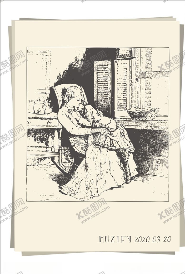 编号：89247210192305594130【酷图网】源文件下载-摇椅上的母亲与女儿素描画