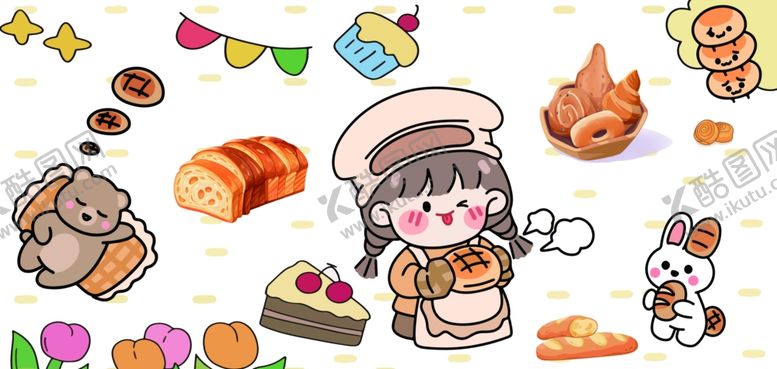编号：44884204030233083638【酷图网】源文件下载-可爱烘焙女孩卡通甜品店背景