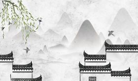 水墨山水垂柳马头墙背景墙