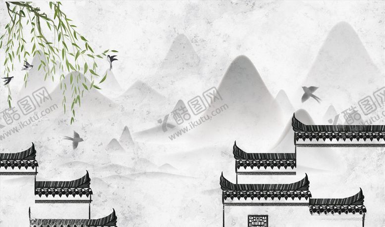 编号：13107205130039379534【酷图网】源文件下载-水墨山水垂柳马头墙背景墙