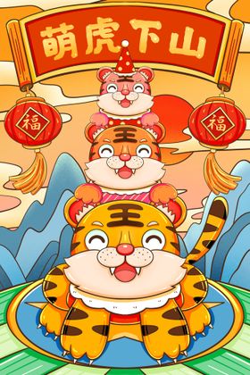 虎年国潮插画猛虎下山新年海报