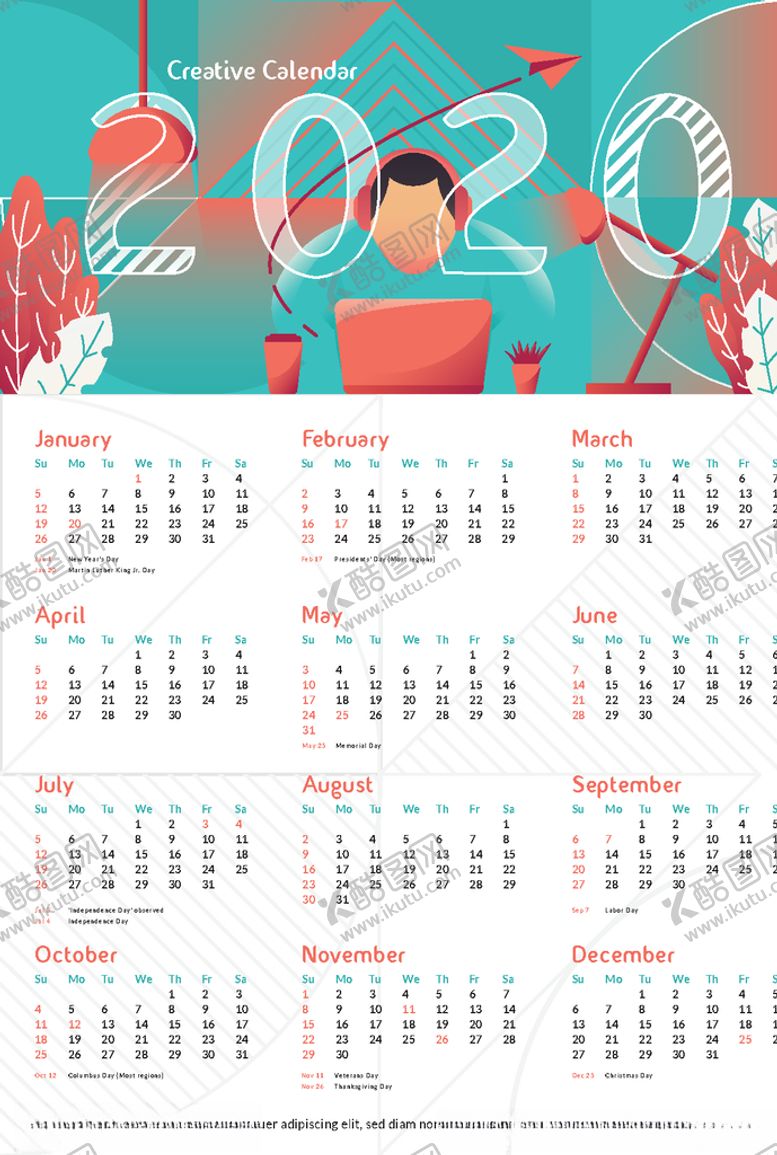 编号：19278410090419533145【酷图网】源文件下载-简约2020年日历模板