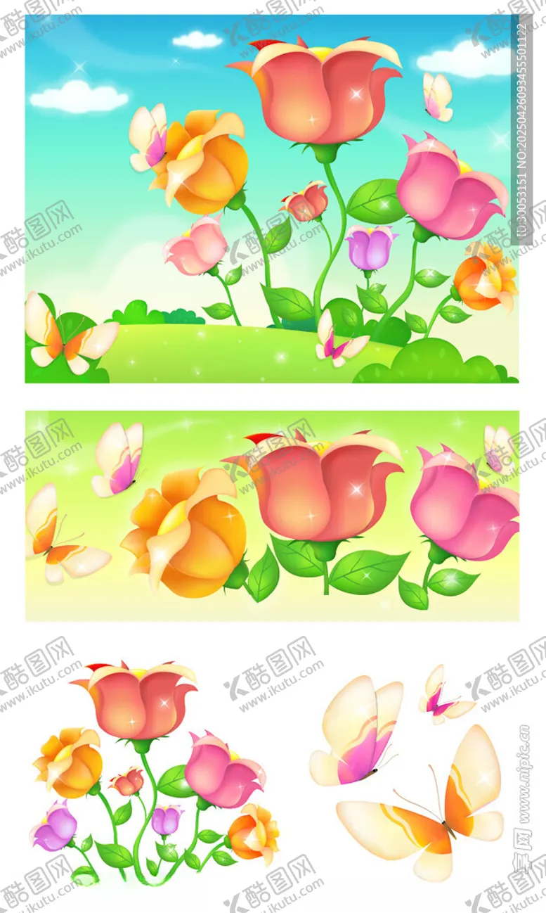 编号：89889006300015076521【酷图网】源文件下载-春日花卉蝴蝶风景插画