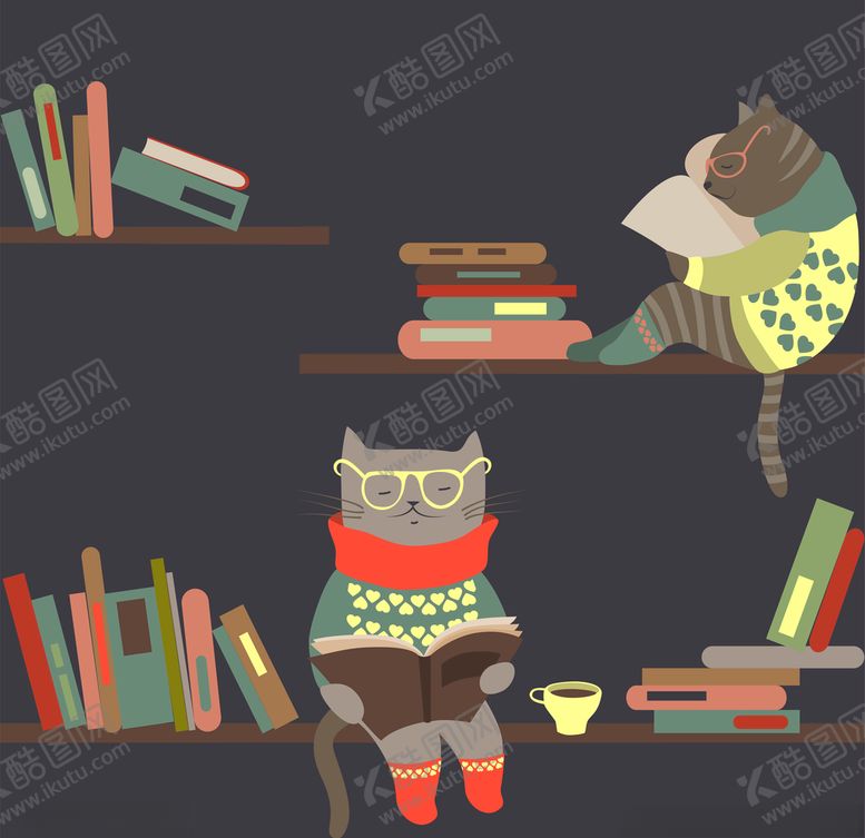 编号：88765910200129564072【酷图网】源文件下载-北欧森系动物猫咪看书插画