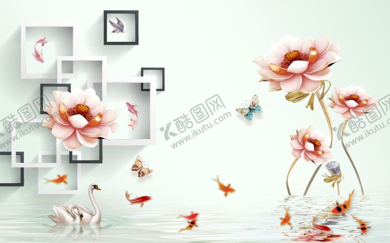 编号：63627706251727439568【酷图网】源文件下载-浮雕花荷花框框背景墙
