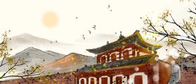 城墙建筑国风插画卡通背景素材