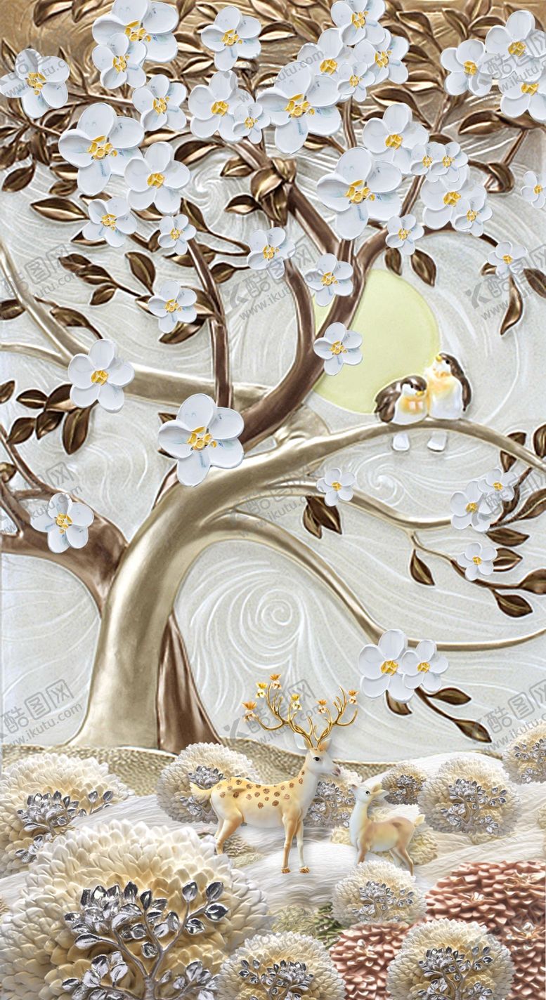 编号：51914409141018432120【酷图网】源文件下载-3D立体浮雕麋鹿发财树玄关画
