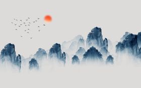 蓝色抽象山水壁画沙发背景墙