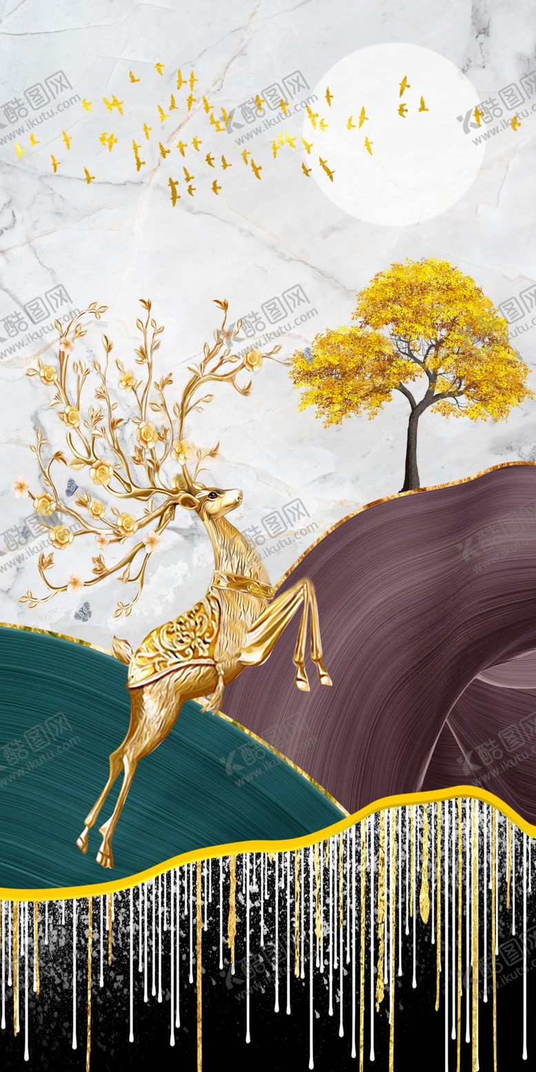 编号：22397405180020065487【酷图网】源文件下载-新中式麋鹿玄关画