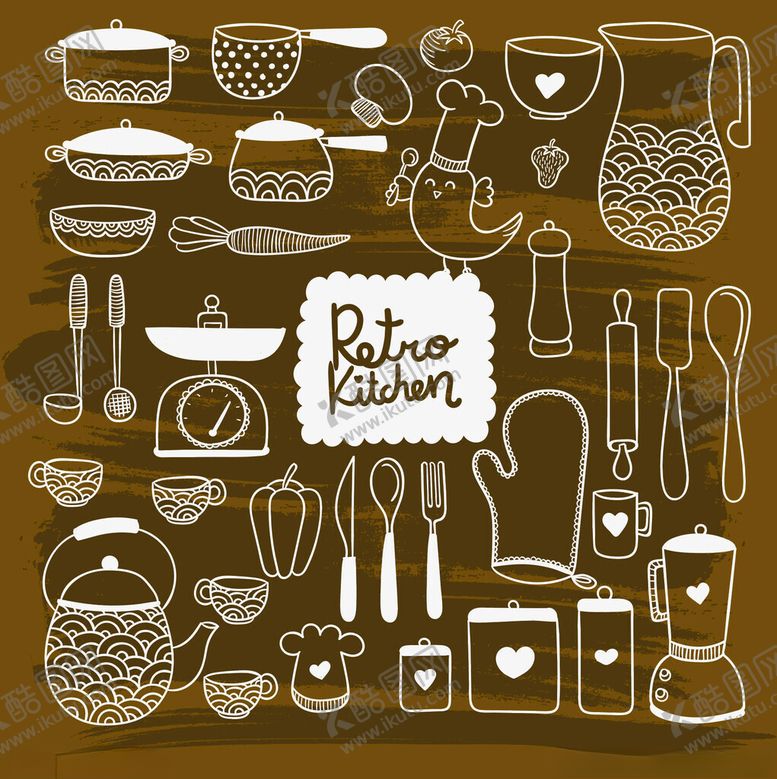 编号：55600311150057292354【酷图网】源文件下载-复古风厨房用品插画