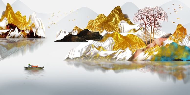 编号：26903109230337355033【酷图网】源文件下载-金色山水现代客厅背景墙