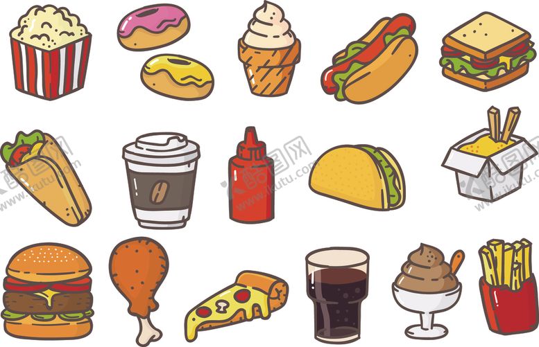 编号：38949209300126175495【酷图网】源文件下载-可爱手绘涂鸦快餐食品