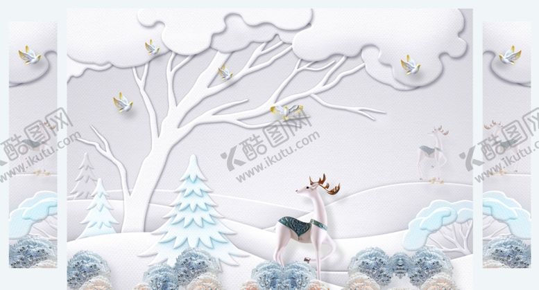 编号：56795509262133308988【酷图网】源文件下载-浮雕花鹿背景墙