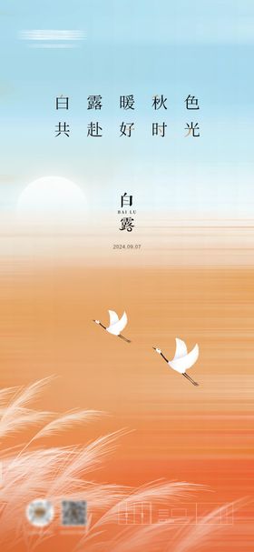 白露海报二十四节气夕阳芦苇飞鹤