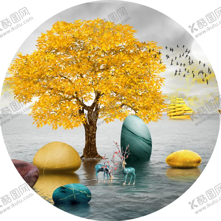 编号：53572510181458571198【酷图网】源文件下载-金色麋鹿发财鹿晶瓷画