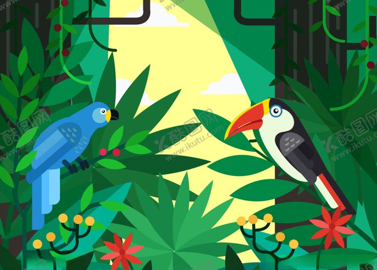 编号：76461509100320076978【酷图网】源文件下载-树林花卉和鹦鹉