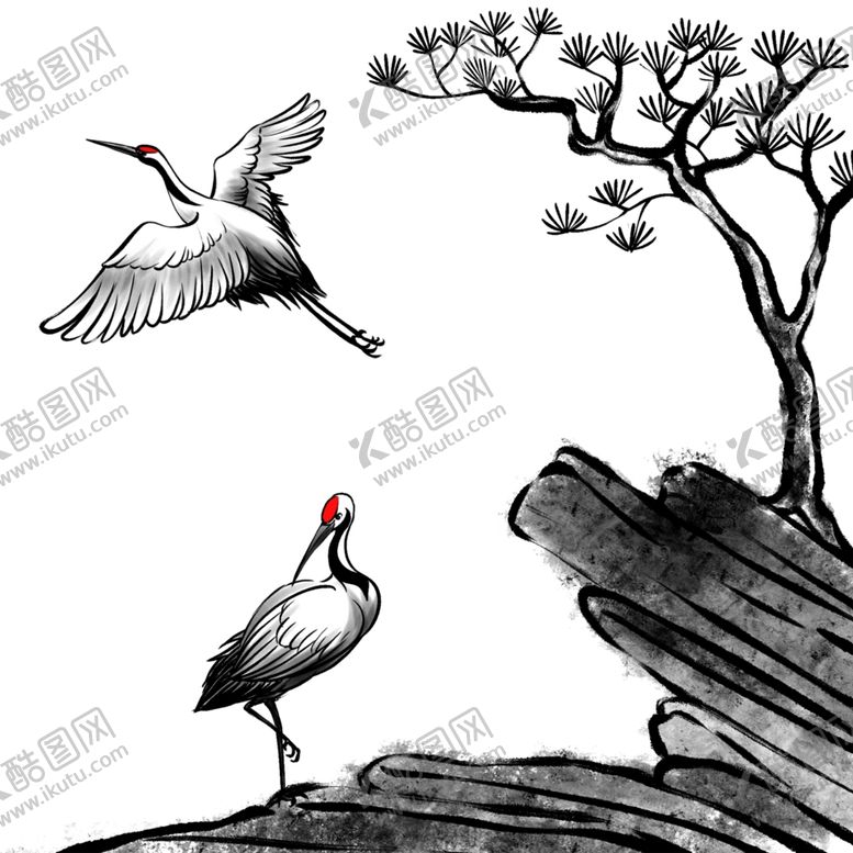 编号：45843203271400158761【酷图网】源文件下载-水墨松树仙鹤