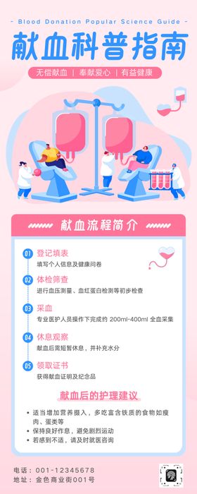 粉色插画献血科普指南长图