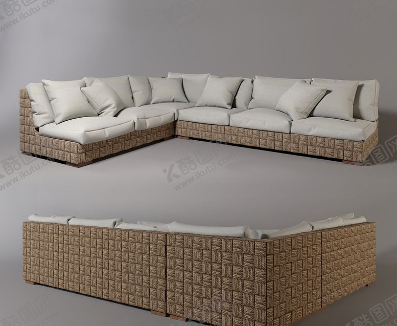 编号：25542209151025548544【酷图网】源文件下载-现代藤编布艺转角多人沙发