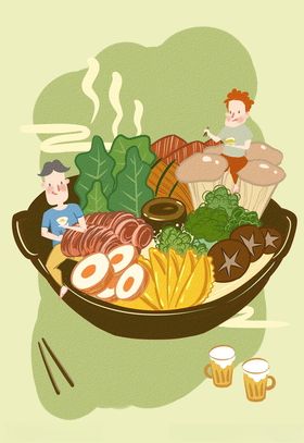 手绘美食火锅麻辣烫炸鸡面插画