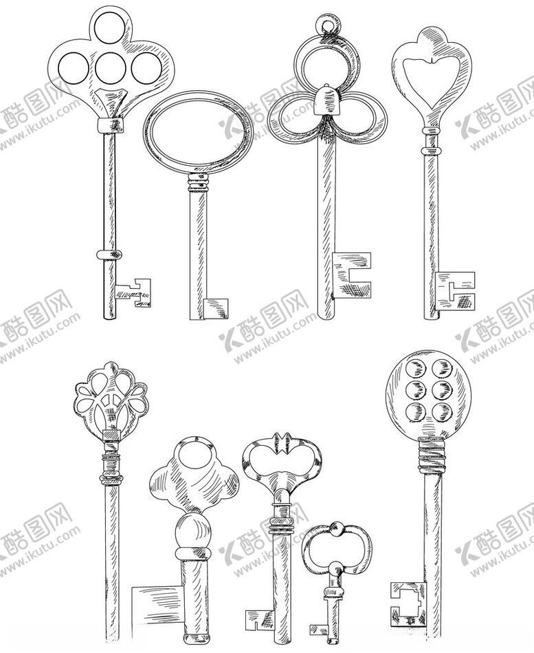 编号：28277702271641336852【酷图网】源文件下载-素描古典铜钥匙矢量元素