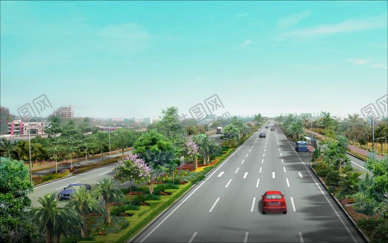 编号：29412809191508585908【酷图网】源文件下载-道路绿化景观效果图