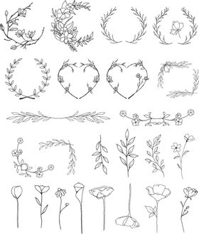 黑白线描花枝花叶剪影