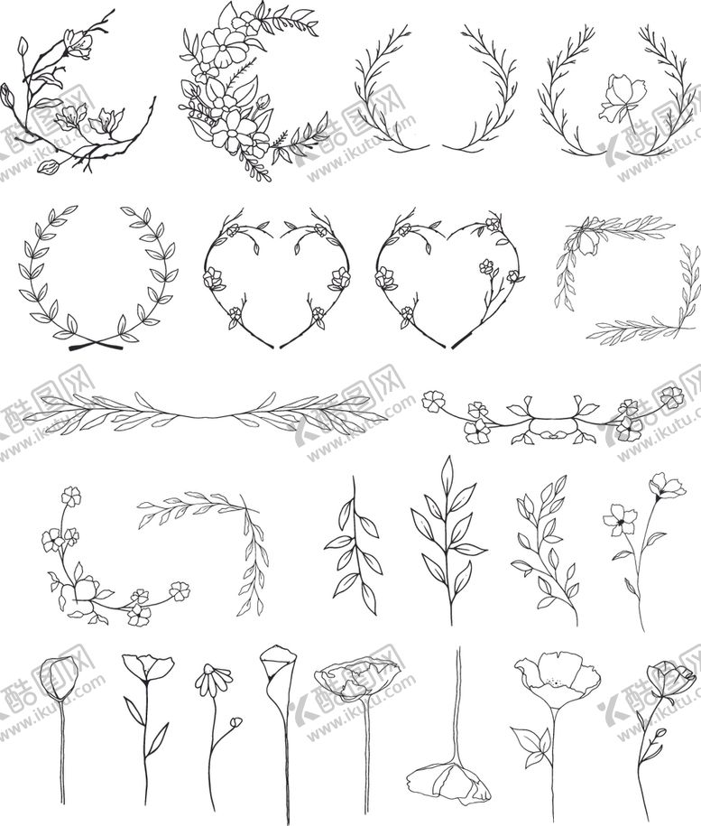 编号：88308406280053163302【酷图网】源文件下载-黑白线描花枝花草剪影