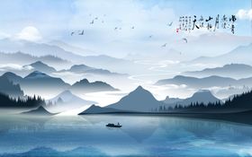 水墨山水小船背景墙